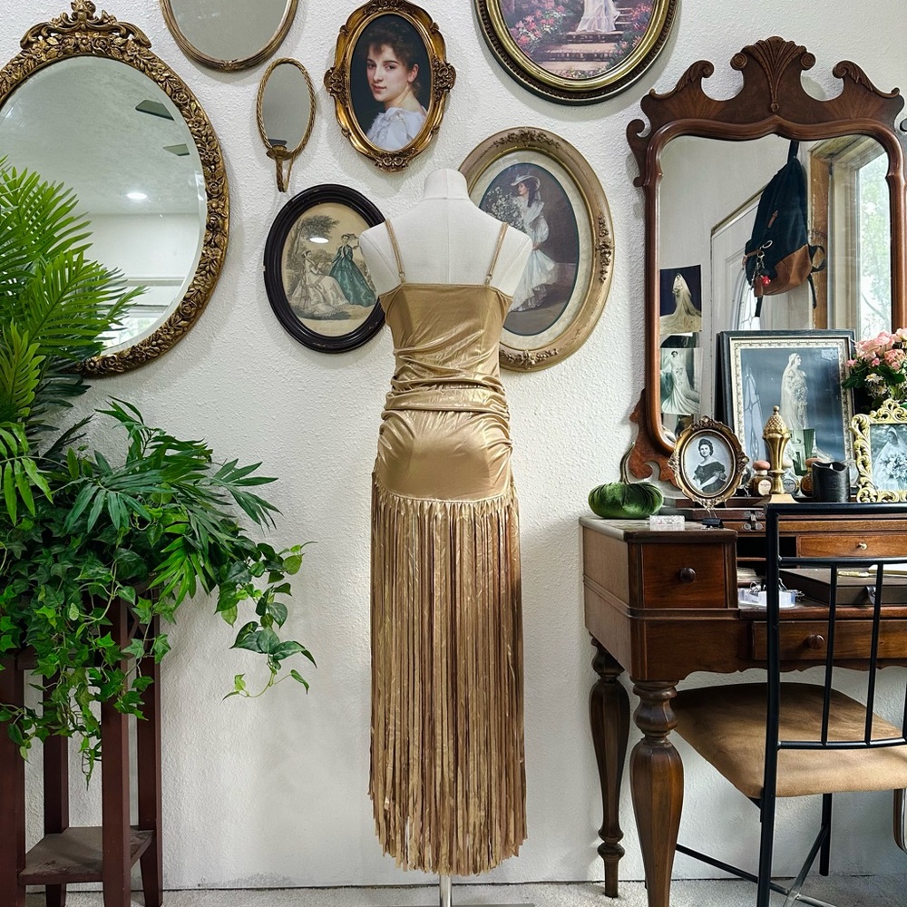 Gold Fringe Satin Evening Dress - Picture 7 of 8